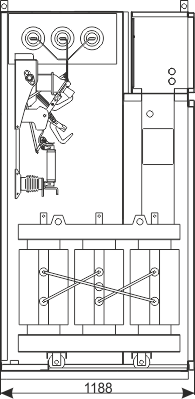 Przekrój przez szafę rozdzielnicy RXD - Pole potrzeb własnych – z transformatorem do 40 kVA; 6/0,4 kV