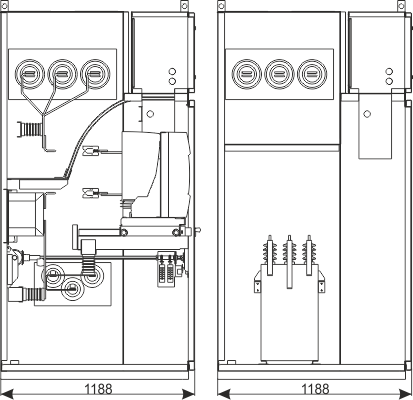 Przekrój przez szafę rozdzielnicy RXD - Zestaw do kompensacji mocy biernej – z baterią kondensatorów do 700 kvar; 6,6 kV