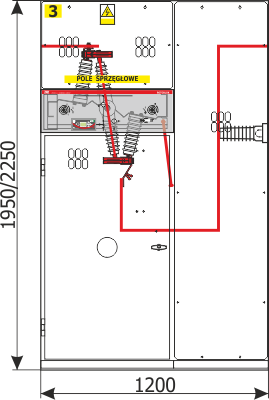 Przekrój - Widok z frontu rozdzielnicy Rotoblok - pole sprzęgłowe z odłącznikiem lub rozłącznikiem z lewej strony