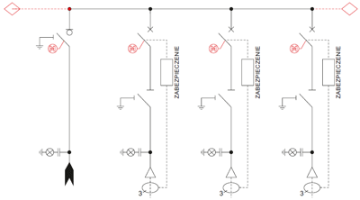 Schemat elektryczny rozdzielnicy TPM - pole liniowe i 3 pola wyłącznikowe