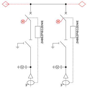 Schemat elektryczny rozdzielnicy TPM - 2 pola wyłącznikowe