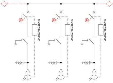 Schemat elektryczny rozdzielnicy TPM - 3 pola wyłącznikowe