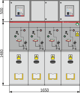 Вигляд спереду розподільного пристрою TPM - 4 відділення автоматичного вимикача